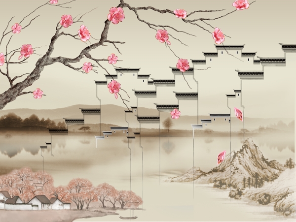 新中式花鸟徽派建筑背景墙