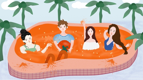 番茄节男孩女孩在番茄泳池嬉戏游戏原创插画