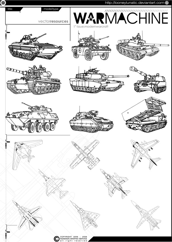 画线的战斗机和坦克矢量素材