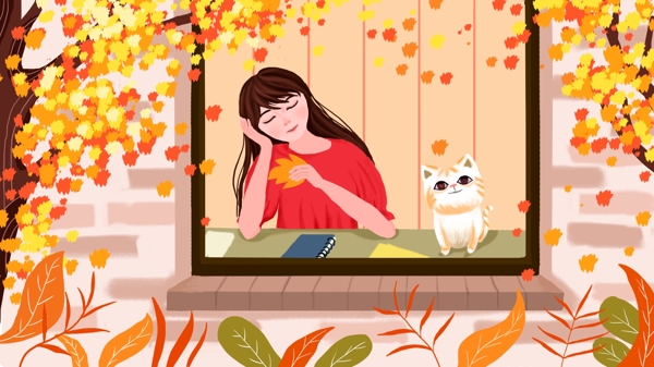 唯美清新叙事性秋天下午少女和猫儿插画