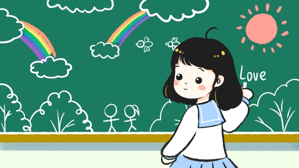 校园教室小女孩在黑板上画画