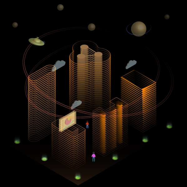 2.5D线性城市橙色未来科技智慧城市
