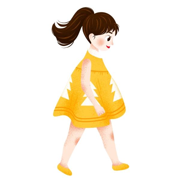 手绘扎着马尾辫穿着黄色裙子的女孩原创元素