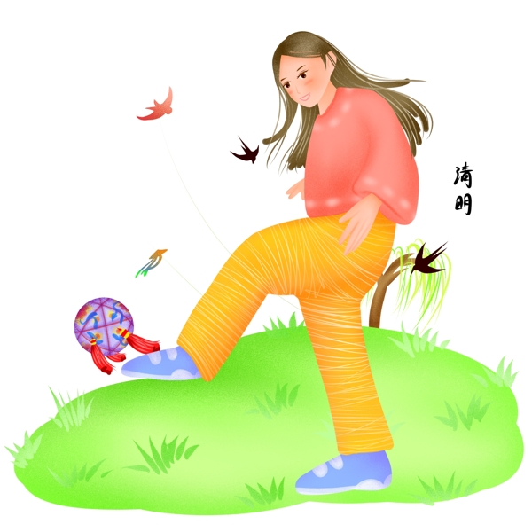清明节踢球的女孩插画