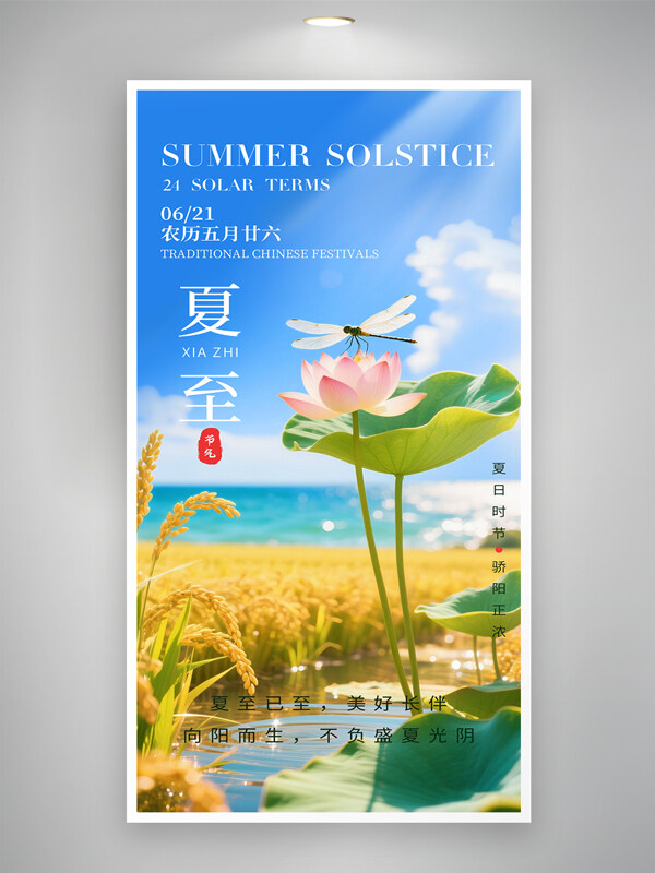 夏至传统节气水稻田荷花插画创意海报