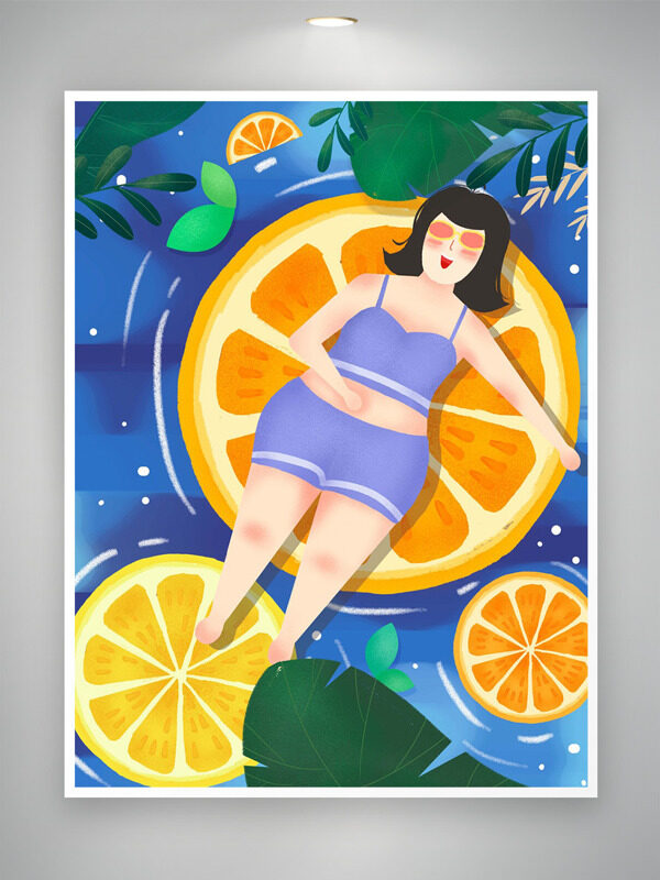创意手绘穿着紫色泳衣卡通形象躺在蓝色水面插画
