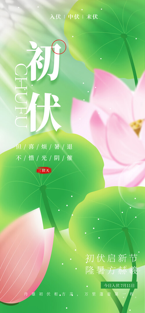 夏季主题清新简约三伏天初伏荷花插画创意海报