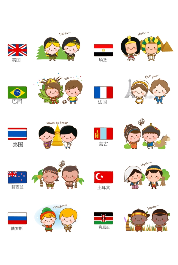 10个国家人物装扮加国旗
