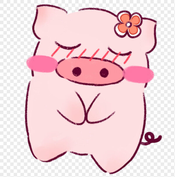 手绘粉色害羞带着花朵闭眼小奶猪