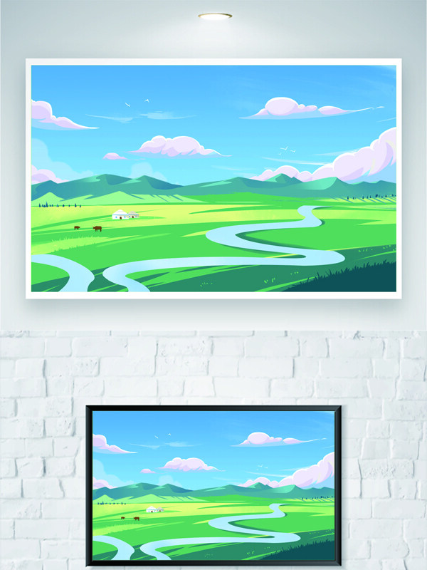 田野风光蓝天白云卡通手绘风格插画