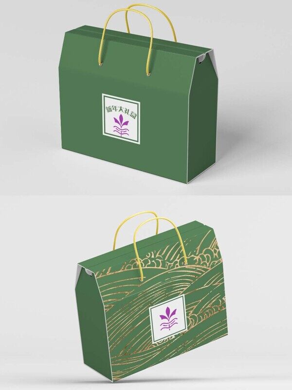 绿色新年大礼盒细绳手提包装样机图