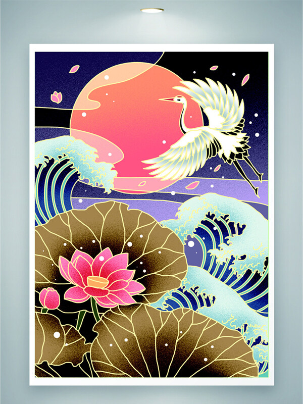 国潮风创意手绘莲花仙鹤波浪背景纹理