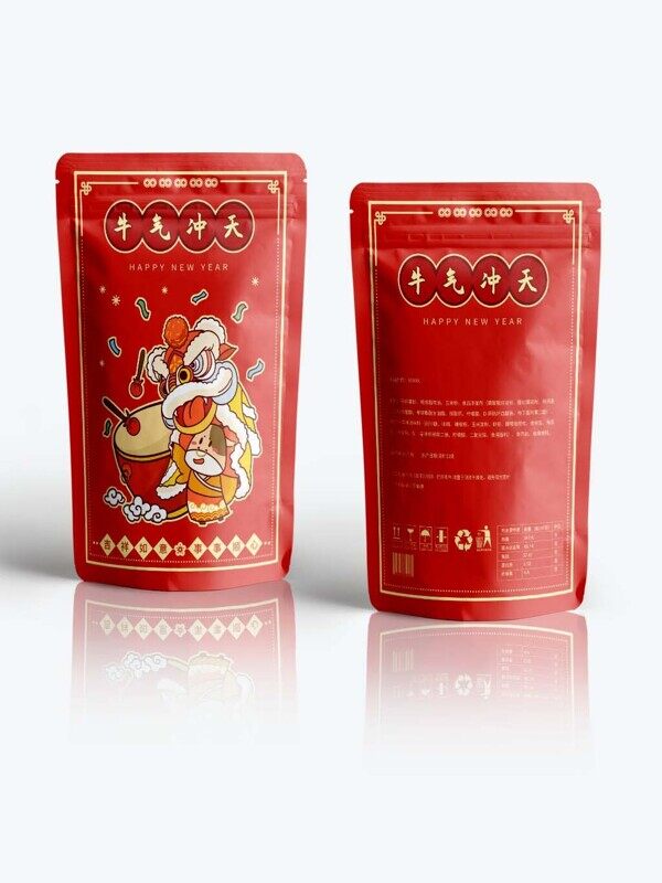 牛气冲天红色过年牛肉干喜庆包装袋设计