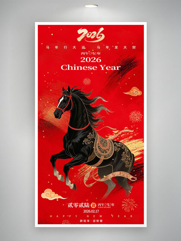 红色背景骏马飞奔祥云图案马年行大运节日海报
