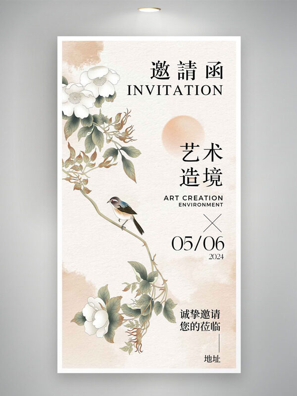 简约古朴晕染风格创意花鸟插画艺术造境邀请函