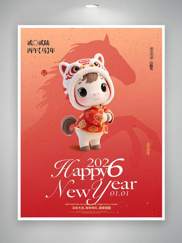 卡通立体小马插画红色主题新年节日海报