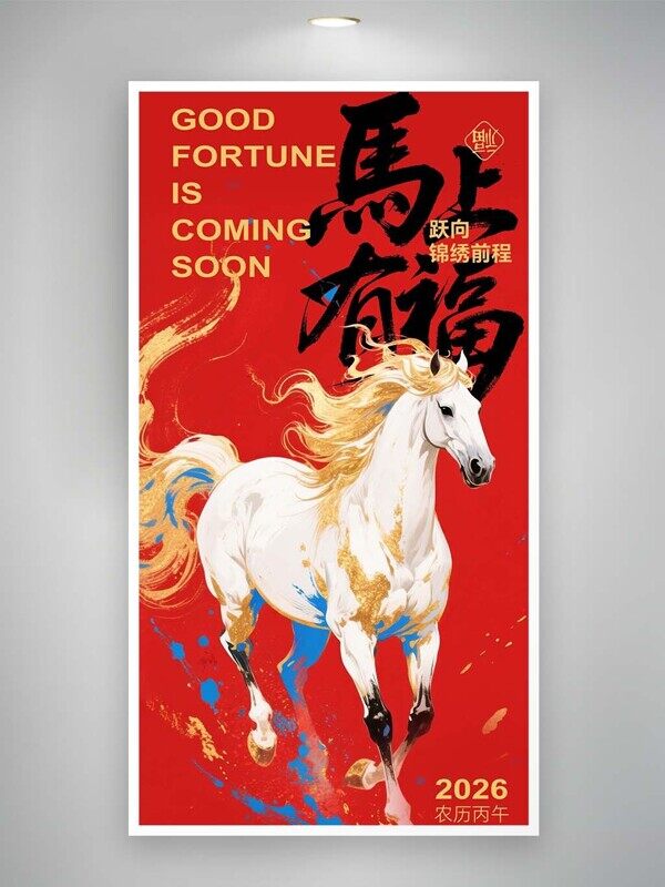 马上有福白马奔腾送福前程似锦红色海报