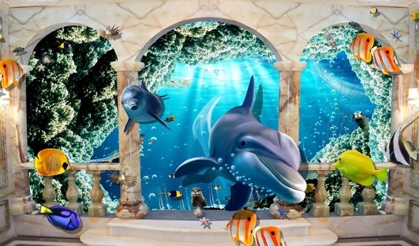 拱门3D海豚背景墙