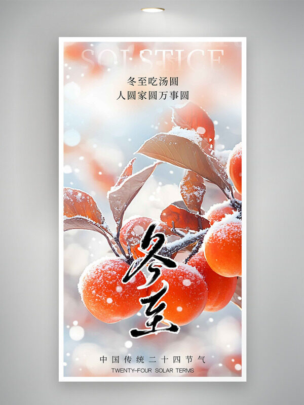 红色果子冰雪纷飞冬至节气创意海报