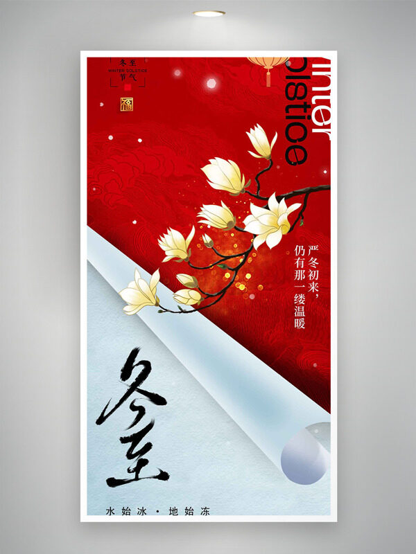 冬至节气水始冰地始冻花卉插画创意海报