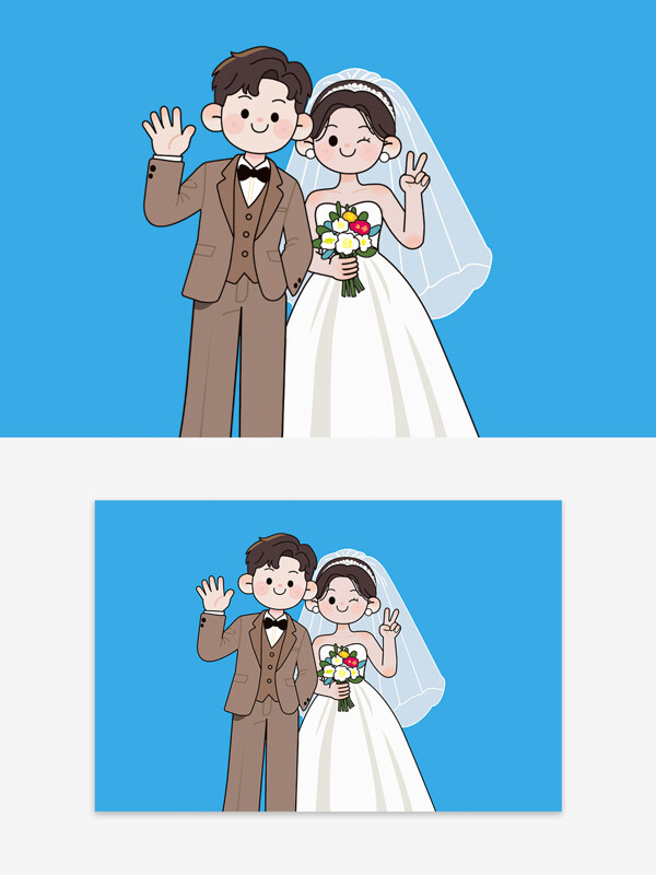 蓝色背景订婚结婚情侣卡通插画