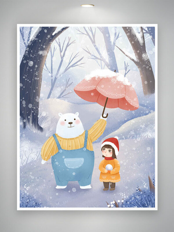 冬日浪漫雪景手绘卡通白熊撑伞女生插画
