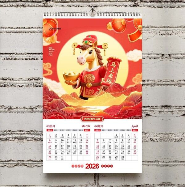 马年财神爷马上走运红色祥云2026三月四月竖版台历