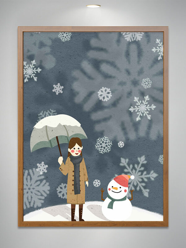 清新文艺浪漫冬日雪花飘飘卡通女生撑伞插画