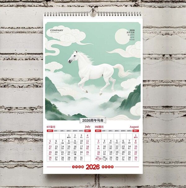 群山祥云白马送祝福2026年七八暑假日历