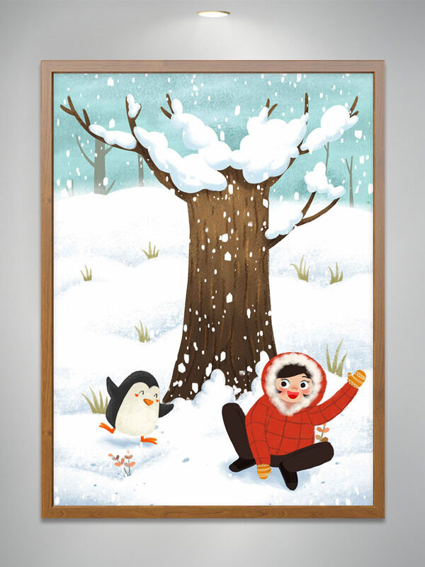 卡通童趣雪地孩童小企鹅创意插画