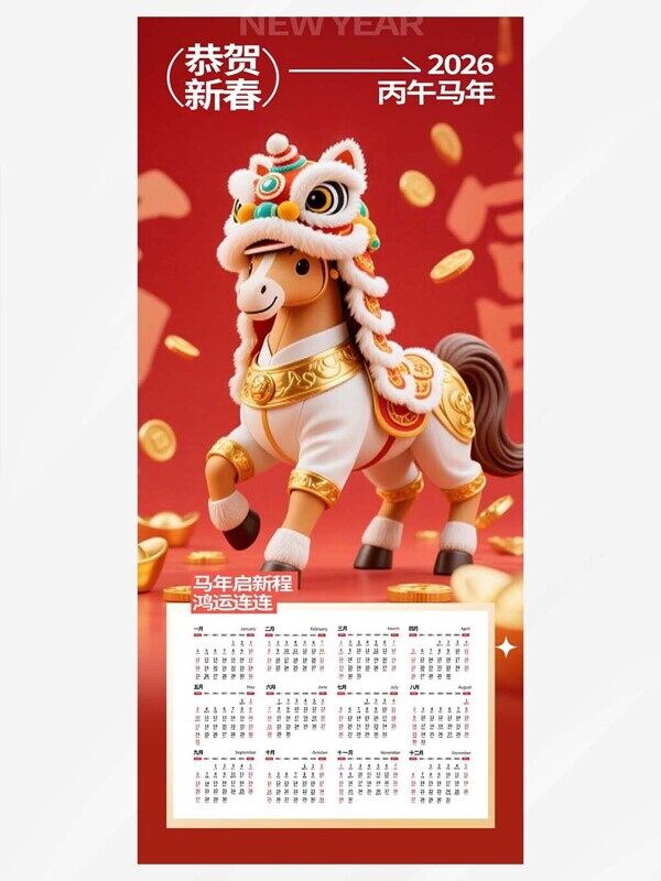 新年穿新衣骏马启新程1-12月份红色暴富挂历