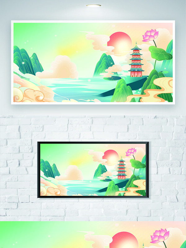 国潮风创意山水画塔楼建筑插画
