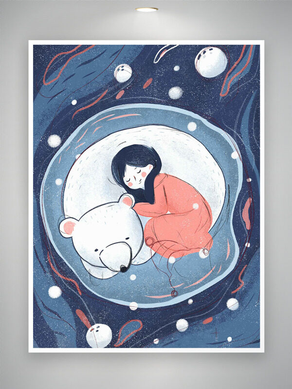 温馨氛围手绘卡通女生白熊插画