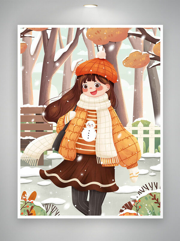 浪漫唯美冬日氛围手绘女生插画
