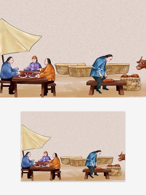 手绘古风磨刀杀牛牛肉馆伞下室外聚餐人物吃肉插画