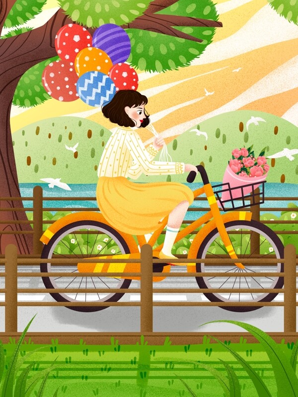 清新绿色出行骑自行车女孩低碳环保插画