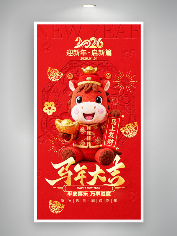 红色背景马年大吉平安喜乐迎新年海报