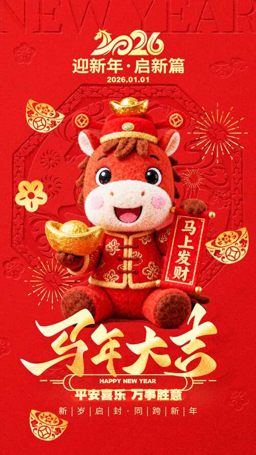 红色背景马年大吉平安喜乐迎新年海报
