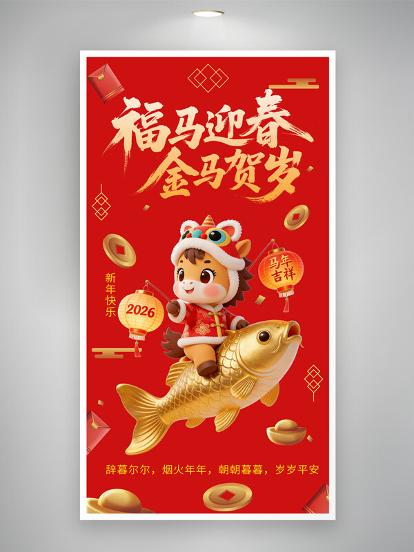 福马迎春金马贺岁红色背景马年吉祥海报