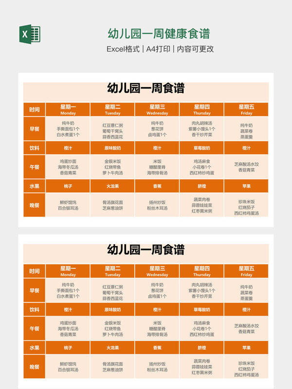幼儿园一周健康食谱