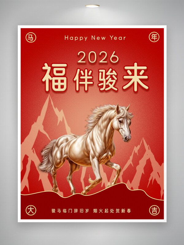 2026福伴骏来马年大吉红色节日海报