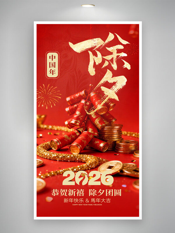 恭贺新禧除夕团圆2026马年大吉红色背景海报