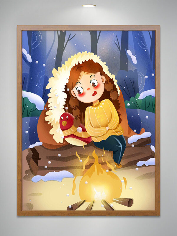 冬季夜晚手绘卡通女生火堆烤火插画