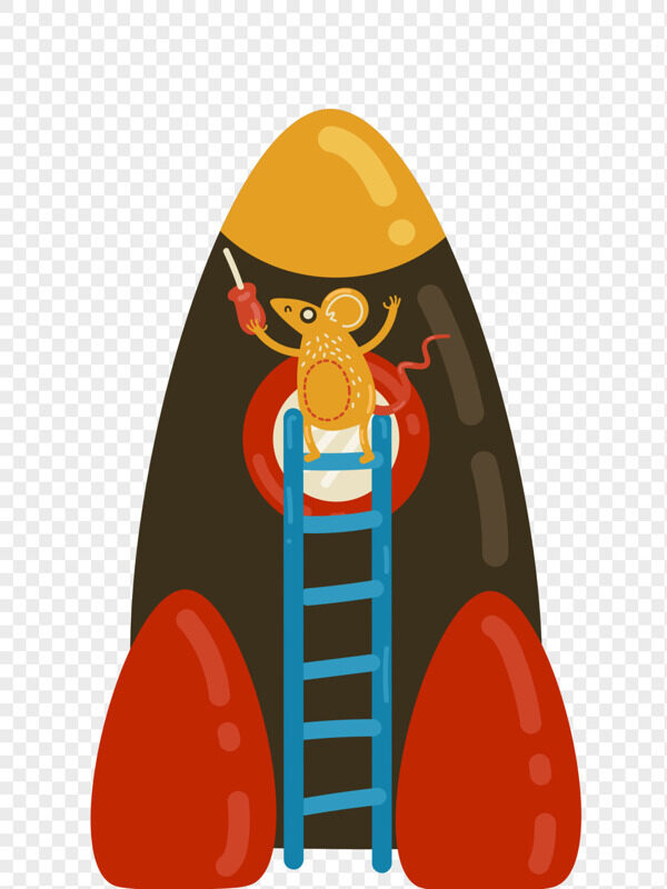 手绘小老鼠爬梯子给火箭修补场景插画