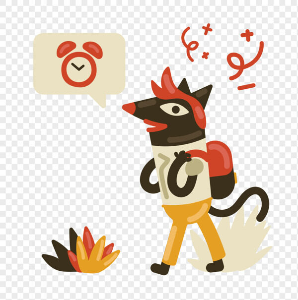 手绘卡通大灰狼被闹钟喊醒背书包上学抽象插画