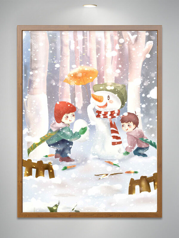 浪漫卡通童趣孩童冬日雪中玩耍插画