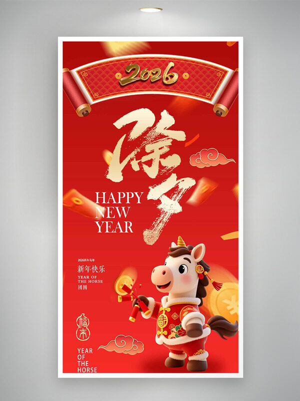 新年快乐红色喜庆卡通马除夕年俗海报