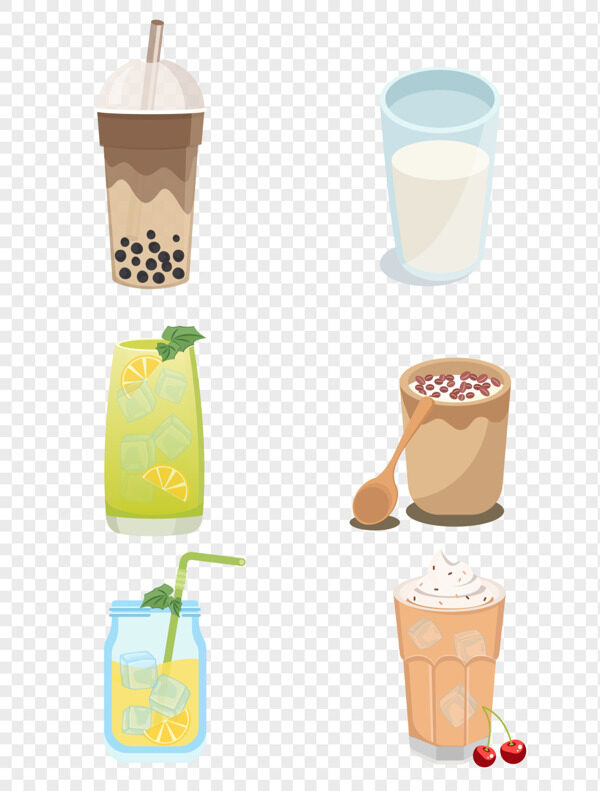 手绘奶茶甜品珍珠柠檬茶雪顶咖啡芋圆奶免抠饮料元素