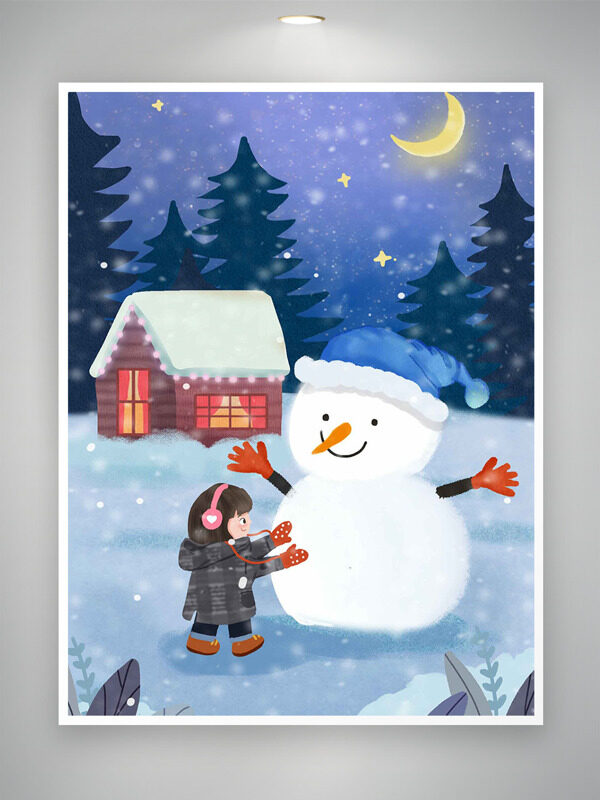 手绘小女孩雪中夜晚堆雪人卡通插画
