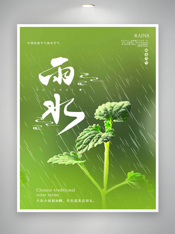 绿色背景绿叶插画春雨绵绵雨水节气主题海报